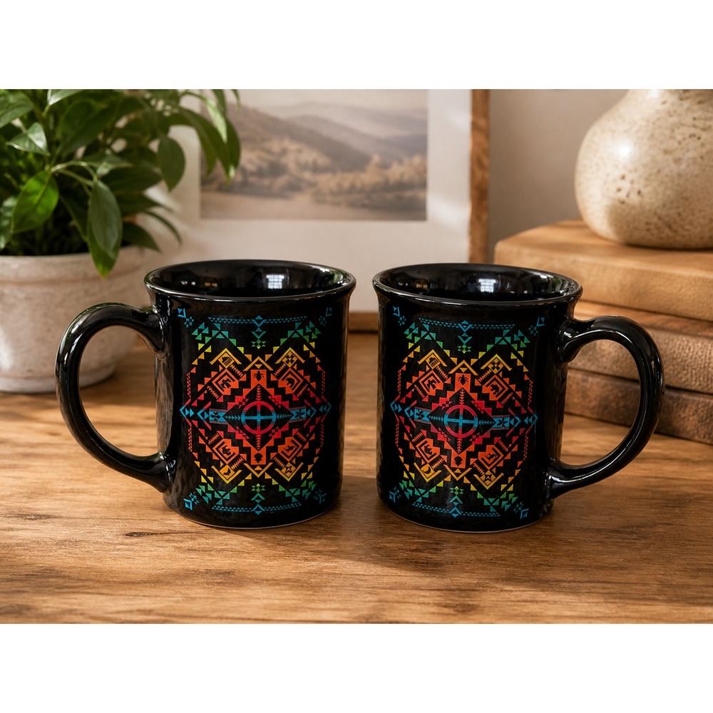 Pendleton Ceramic Mugs Set of 2 Black Multi Color Geometric Tribal Southwestern